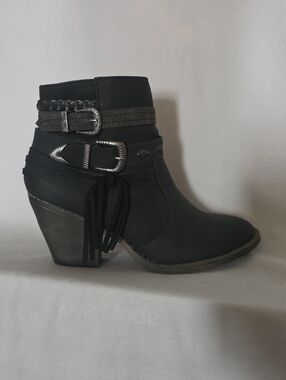 Jellypop Black Western Buckle Fringe Ankle Bootie
